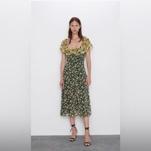 Chic Yellow and Black Floral Midi Dress